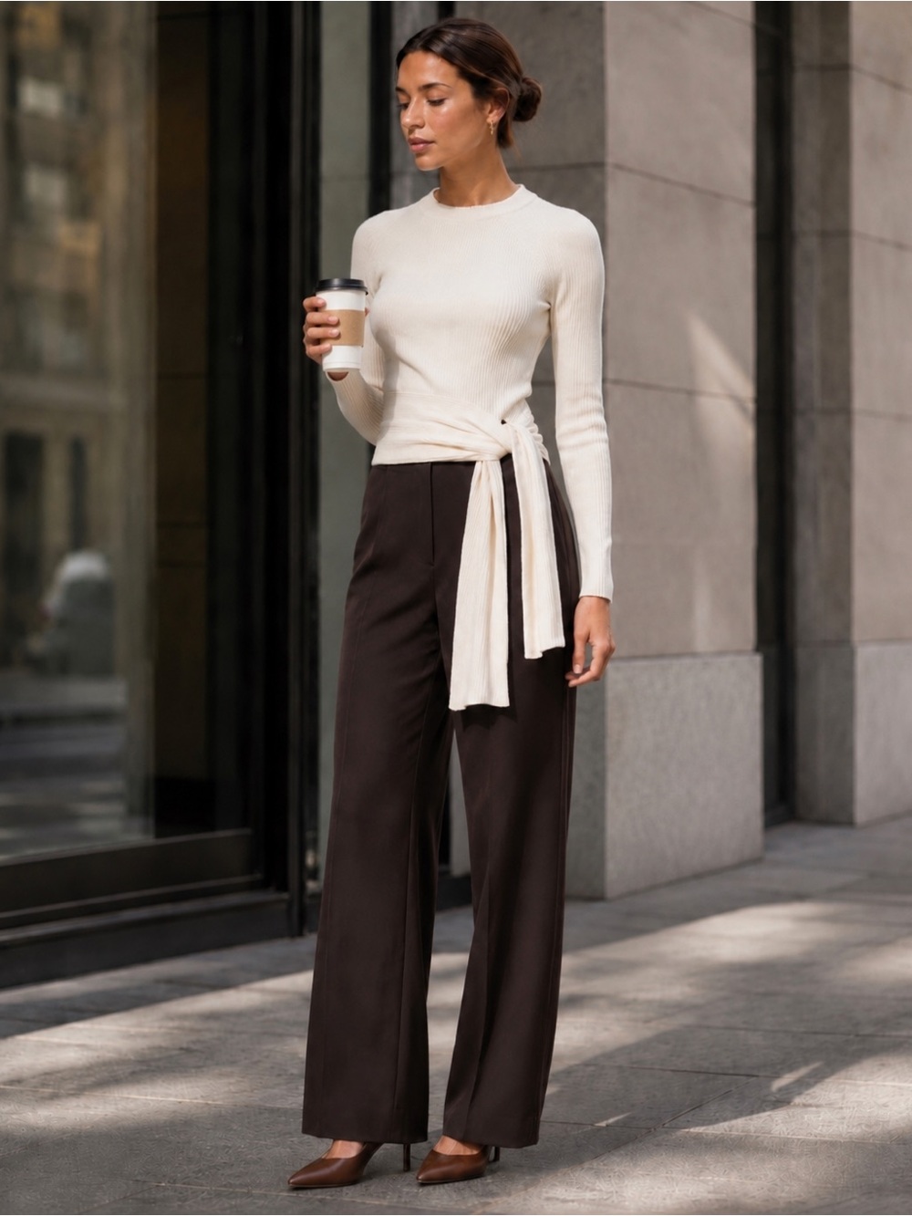 3.1 Phillip Lim Asymmetrical Ribbed Ivory Cream Sweater with Tie Waist - XS‎